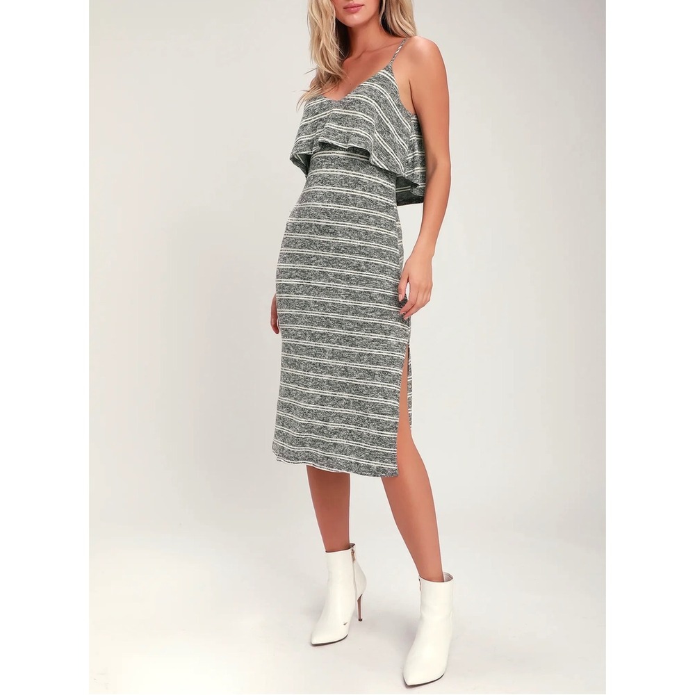 Lulus Navy Blue White Striped Ruffle Midi Dress Sleeveless Side Slit Small NEW